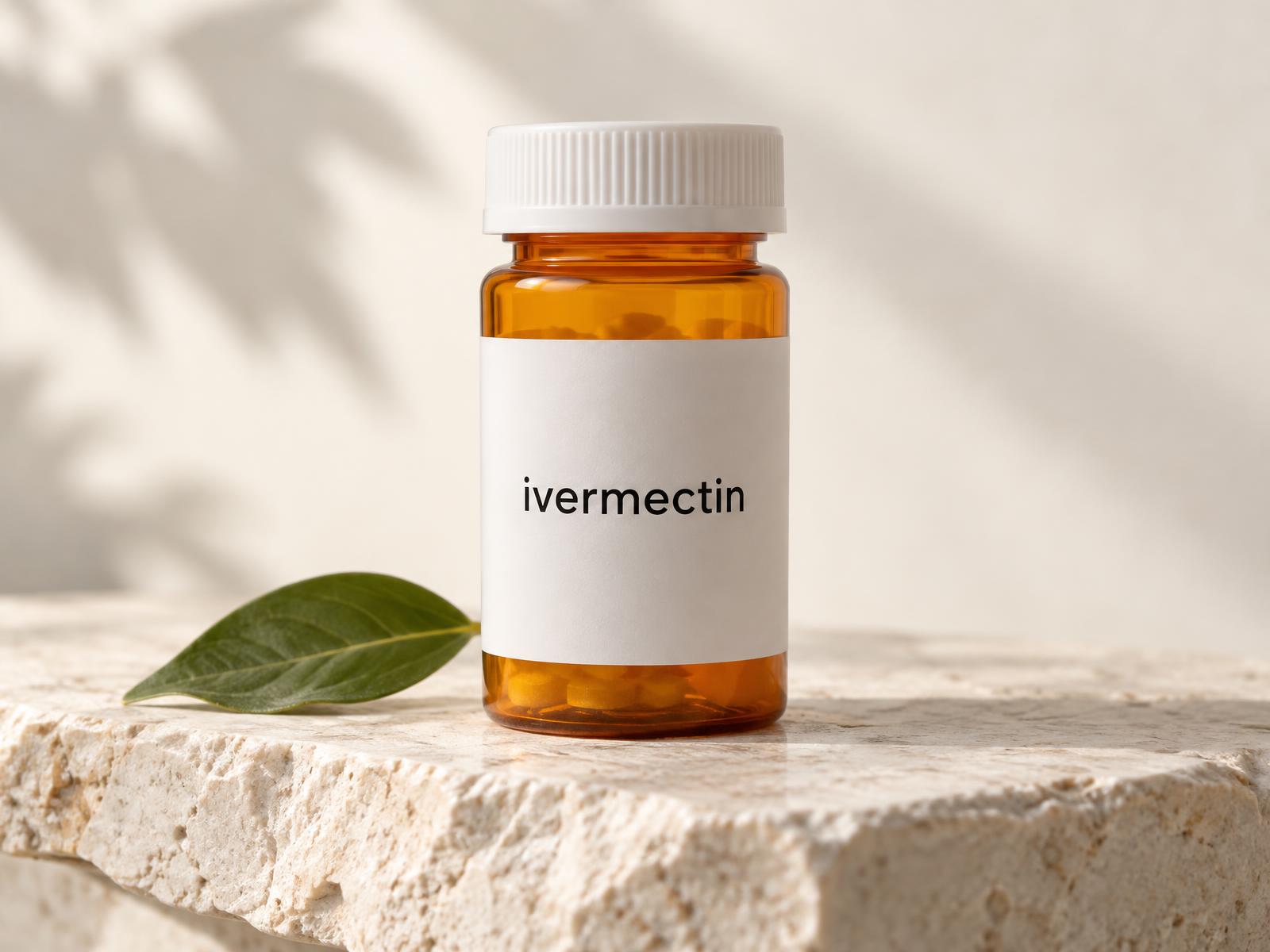 Amber prescription bottle labeled ivermectin